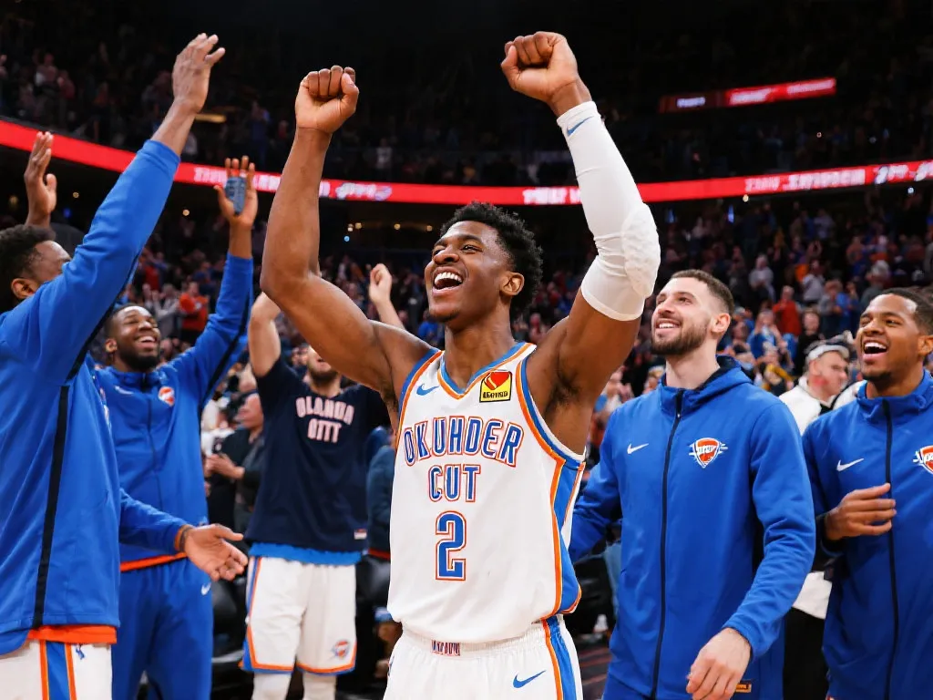 Shai Gilgeous-Alexander与雷霆队友庆祝