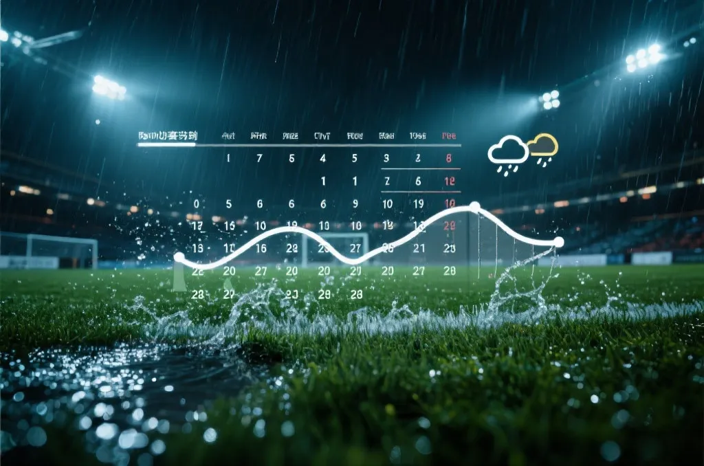 雨夜球场灯光下的草皮与水花，旁边叠加天气图与赛程表的视觉